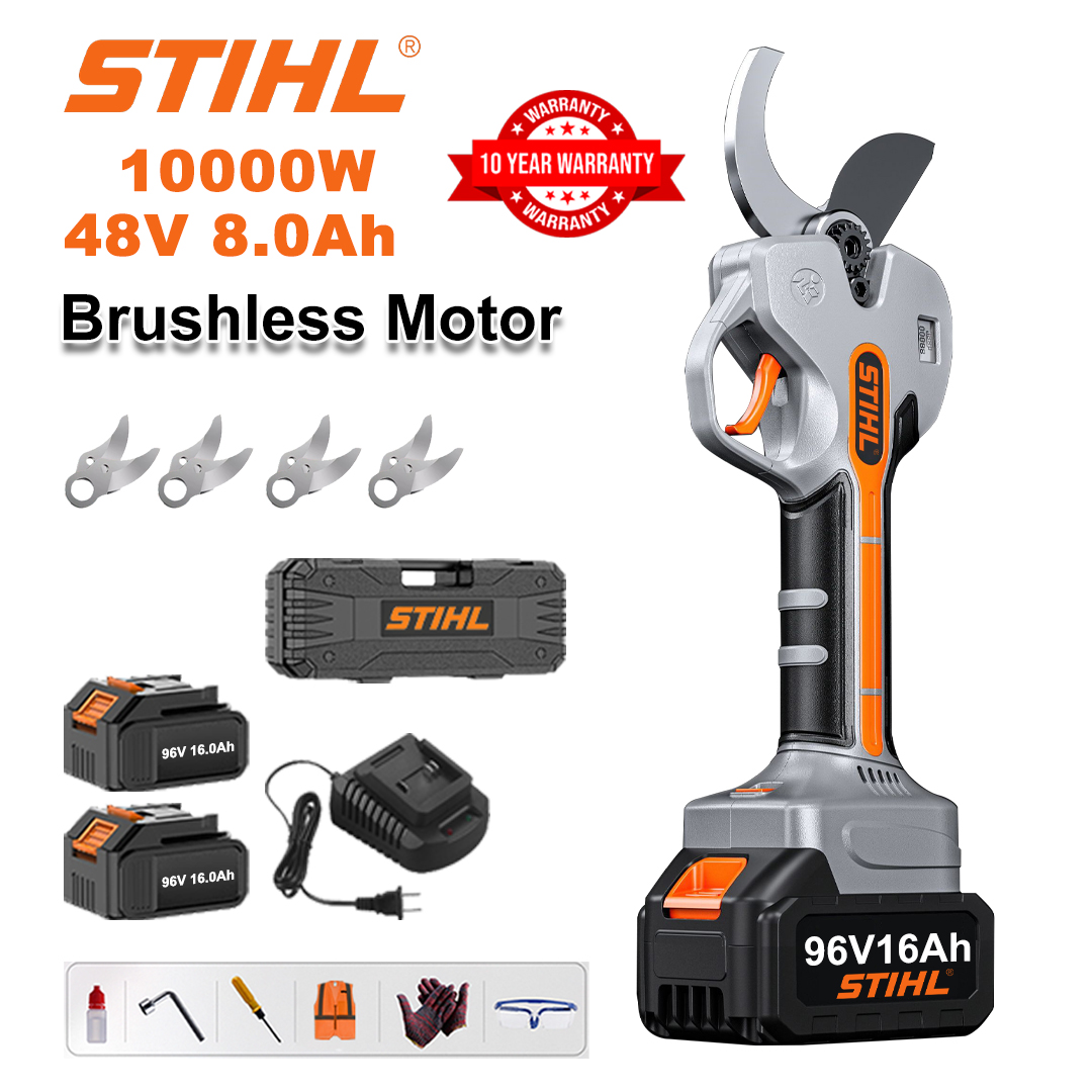 Tesoura de poda com bateria de lítio sem escova de 10000 W + bateria de 48 V 8 Ah * 2 + lâmina de liga sk9 * 4 + carregador + display de energia LED + caixa de ferramentas + óleo lubrificante + óculos de proteção + garantia de 10 anos