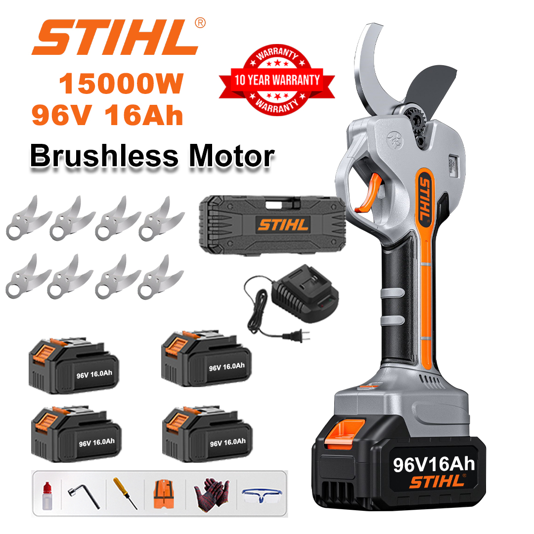Tesoura de poda com bateria de lítio sem escova de 15000 W + bateria de 96 V16 Ah * 4 + lâmina de liga sk9 * 8 + carregador + display de energia LED + caixa de ferramentas + óleo lubrificante + óculos de proteção + garantia de 10 anos