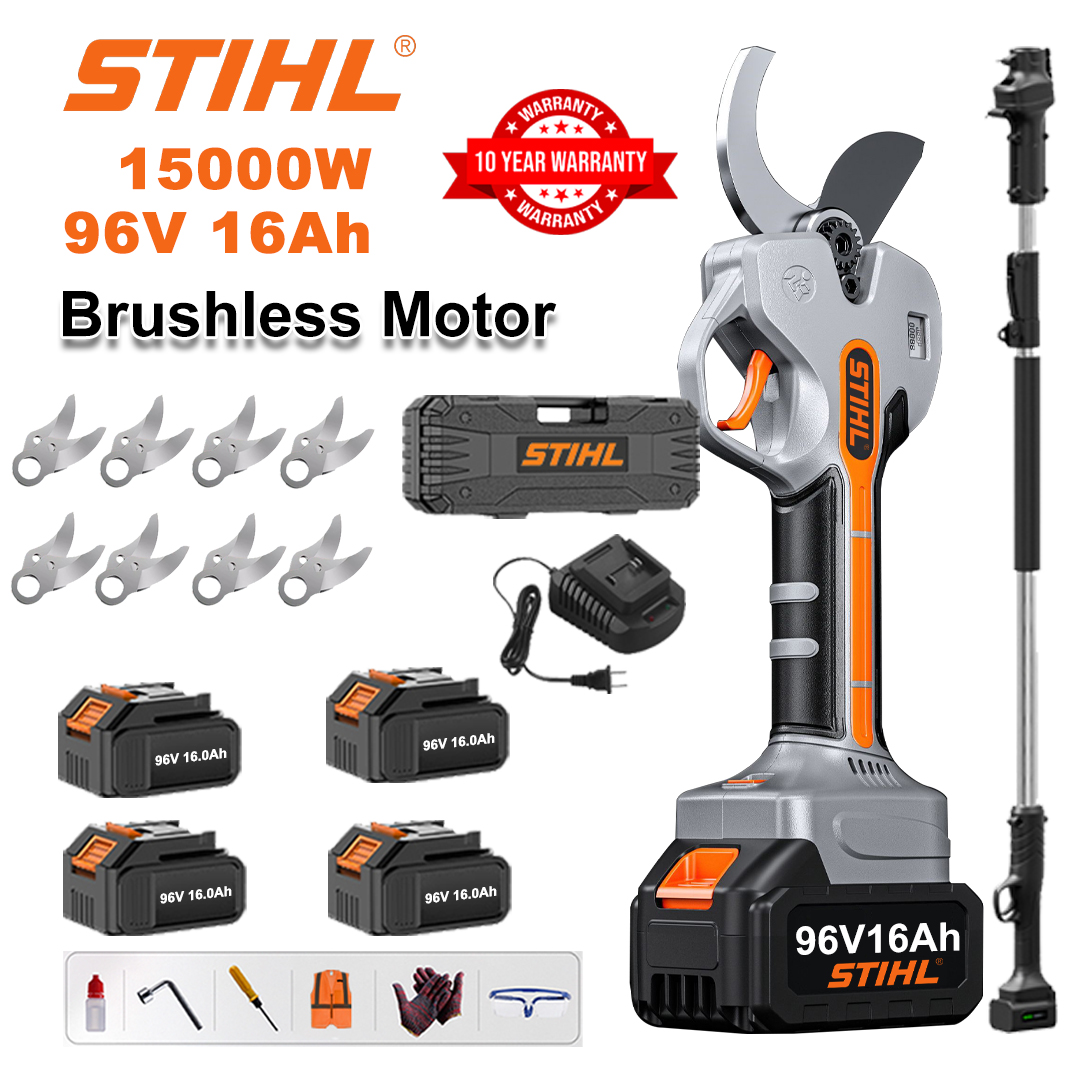 [Haste de extensão 1,5~5m] Tesoura de poda com bateria de lítio sem escova de 15000 W + bateria de 96 V16 Ah * 4 + lâmina de liga sk9 * 8 + carregador + display de energia LED + caixa de ferramentas + óleo lubrificante + óculos de proteção + garantia de 10 anos