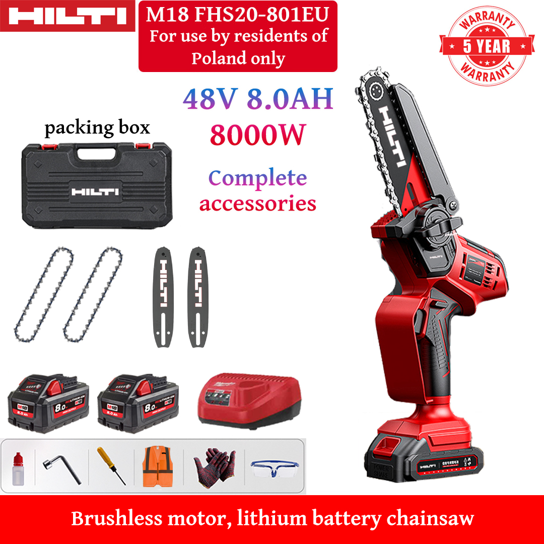 Motosserra de iões de lítio sem escovas de 8 polegadas, potência de 8000 W, baterias de 48 V 8,0 Ah*2, carregador, barras de guia*2, correntes*2, caixa de ferramentas, lubrificante e óculos de segurança, garantia de cinco anos