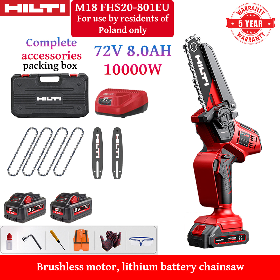 Serra elétrica de iões de lítio sem escovas de 8 polegadas, potência de 10.000 W, baterias de 72 V 8,0 Ah * 2, carregador, barras de guia * 2, correntes * 4, caixa de ferramentas, lubrificante e óculos de segurança, garantia de cinco anos