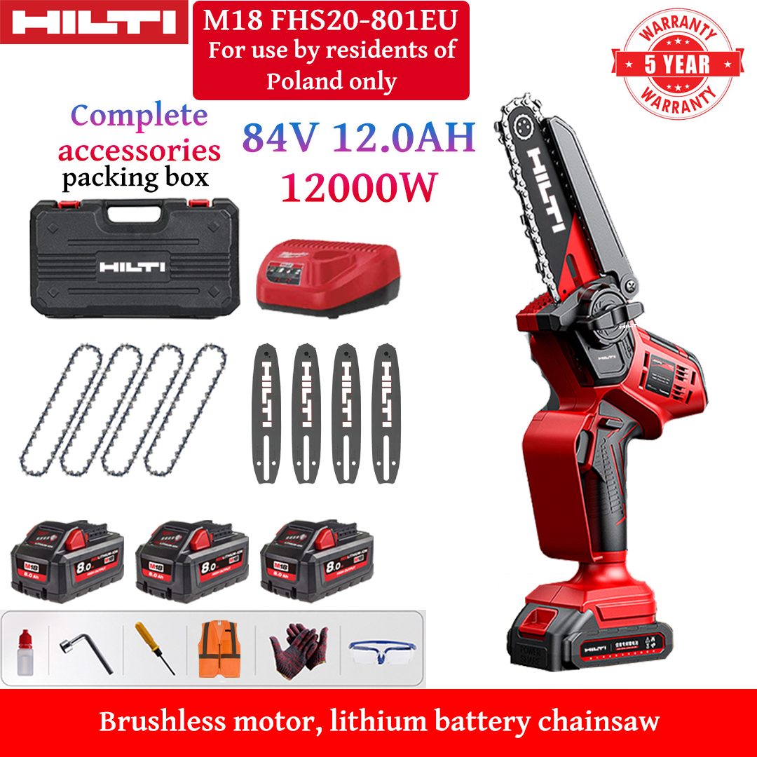 Serra elétrica de iões de lítio sem escovas de 10 polegadas, potência de 12.000 W, baterias de 84 V 12 Ah*3, carregador, barras de guia*4, correntes*4, caixa de ferramentas, lubrificante e óculos de segurança, garantia de 10 anos