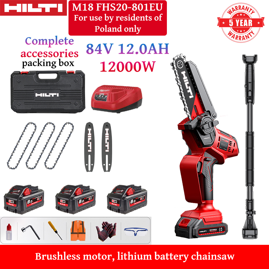 Serra elétrica sem fios de iões de lítio sem escovas de 10 polegadas com cabo telescópico de 4,5 metros, potência de 12.000 W, baterias de 84 V 12 Ah (3), carregador, barras de guia (2), correntes (3), kit de ferramentas, lubrificante e óculos de segurança, garantia de 10 anos