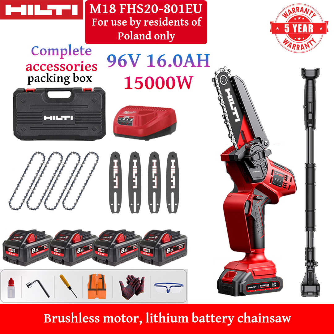 Serra elétrica de iões de lítio sem escovas de 10 polegadas com cabo telescópico de 4,5 metros, potência de 15.000 W, 4 baterias de 96 V 16 Ah, carregador, 4 barras-guia, 4 correntes, caixa de ferramentas, lubrificante e óculos de segurança, garantia de 10 anos